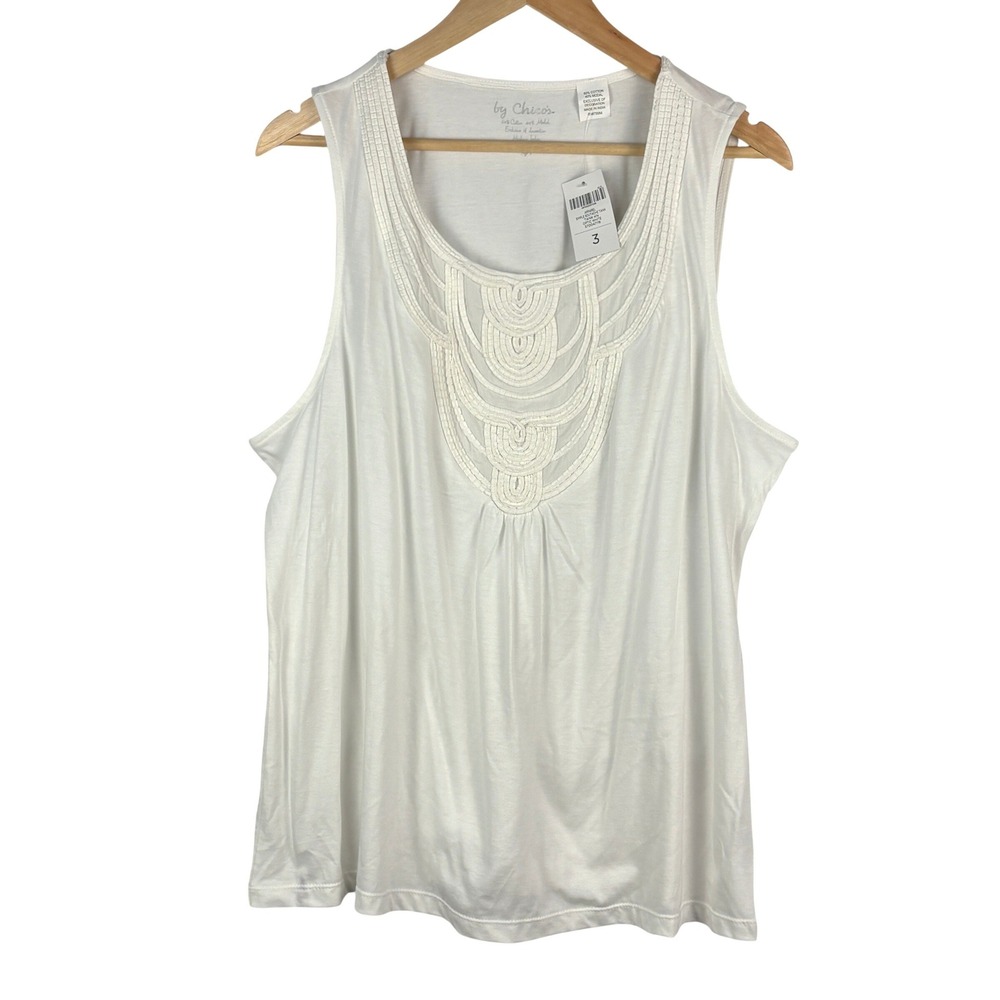 NWT Chico's Soutache Embroidered Tank Top Cotton Sz 3 XL 16 White Staple Coastal